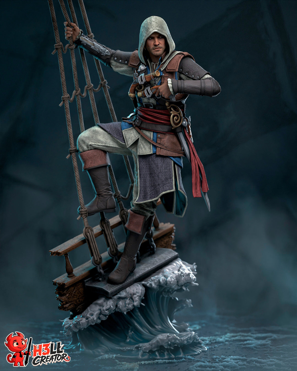 Edward Kenway from Assassin's Creed is a painted resin figure on rigging and waves.