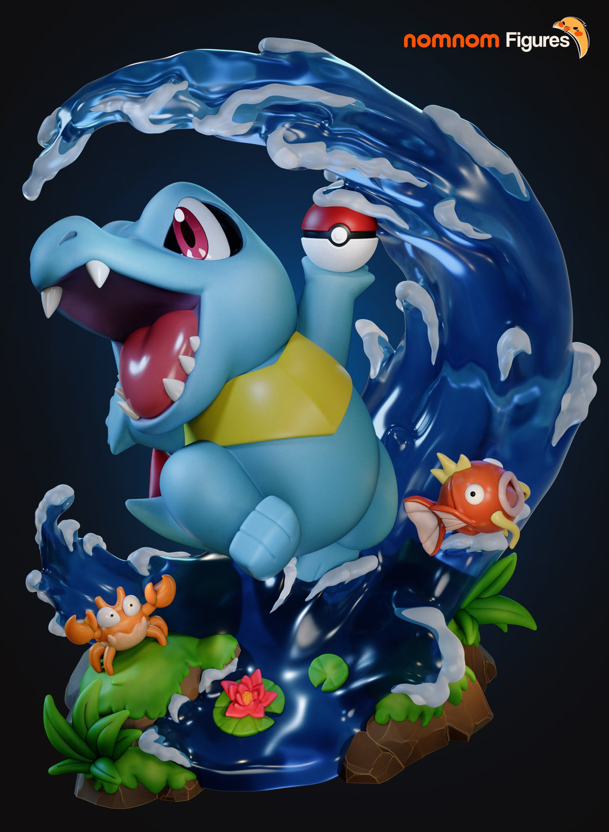 Painted Totodile Pokémon resin Chibi figure holds a Poké Ball above a sculpted water base.