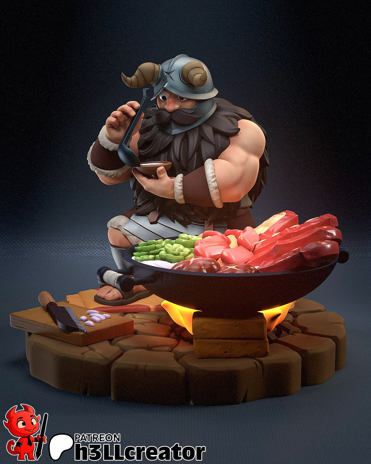 Painted Senshi resin figure from Delicious in Dungeon cooks over a pan on a sculpted stone base.