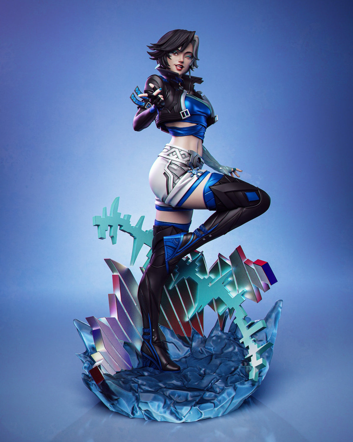 Frost Idol resin figure from Super Rivals in dynamic pose on crystalline base, blue and purple painted details, black boots, confident stance against gradient backdrop.