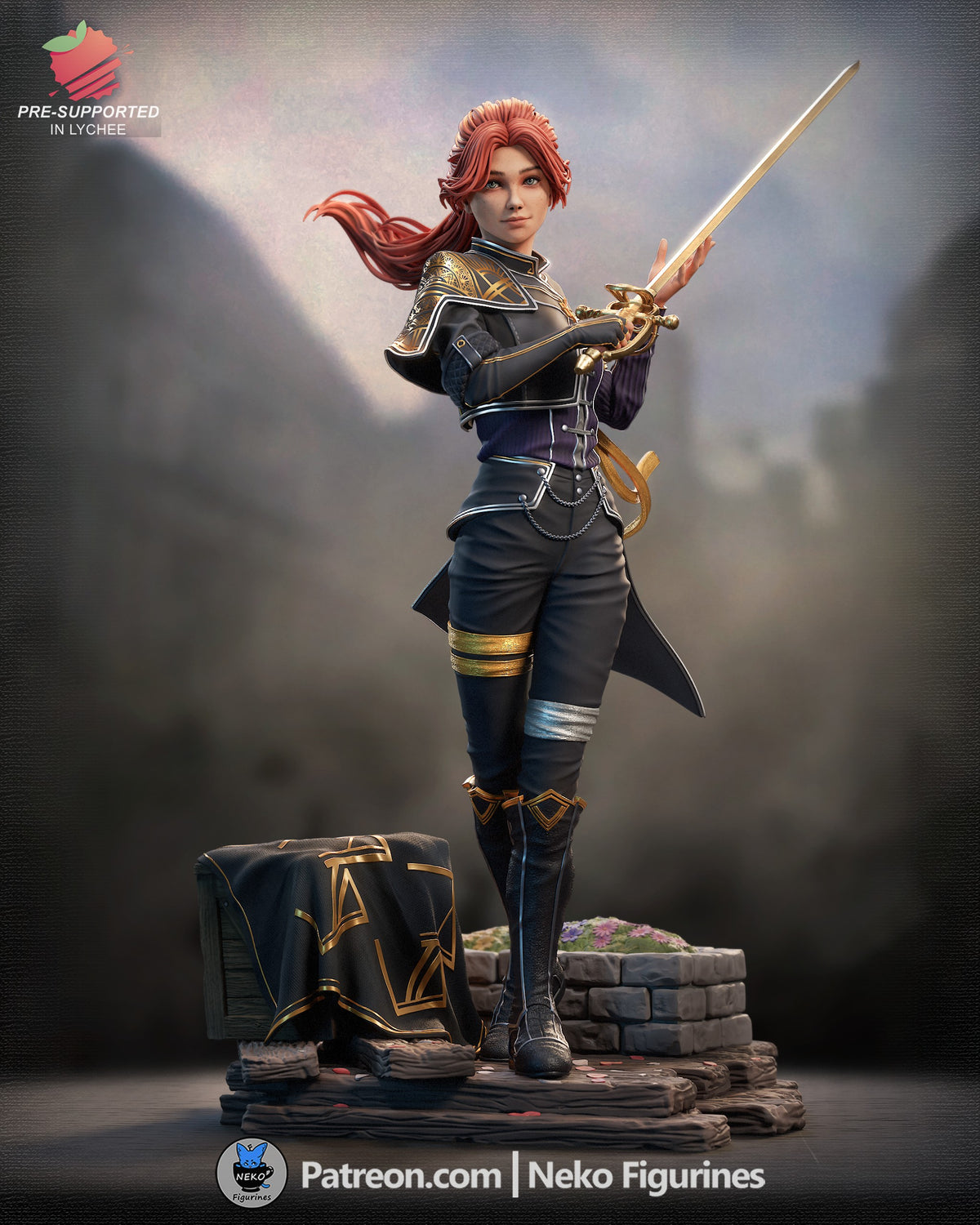 Painted resin figure of Maelle from Expedition 33 in three-quarter view with sword on a sculpted stone base.