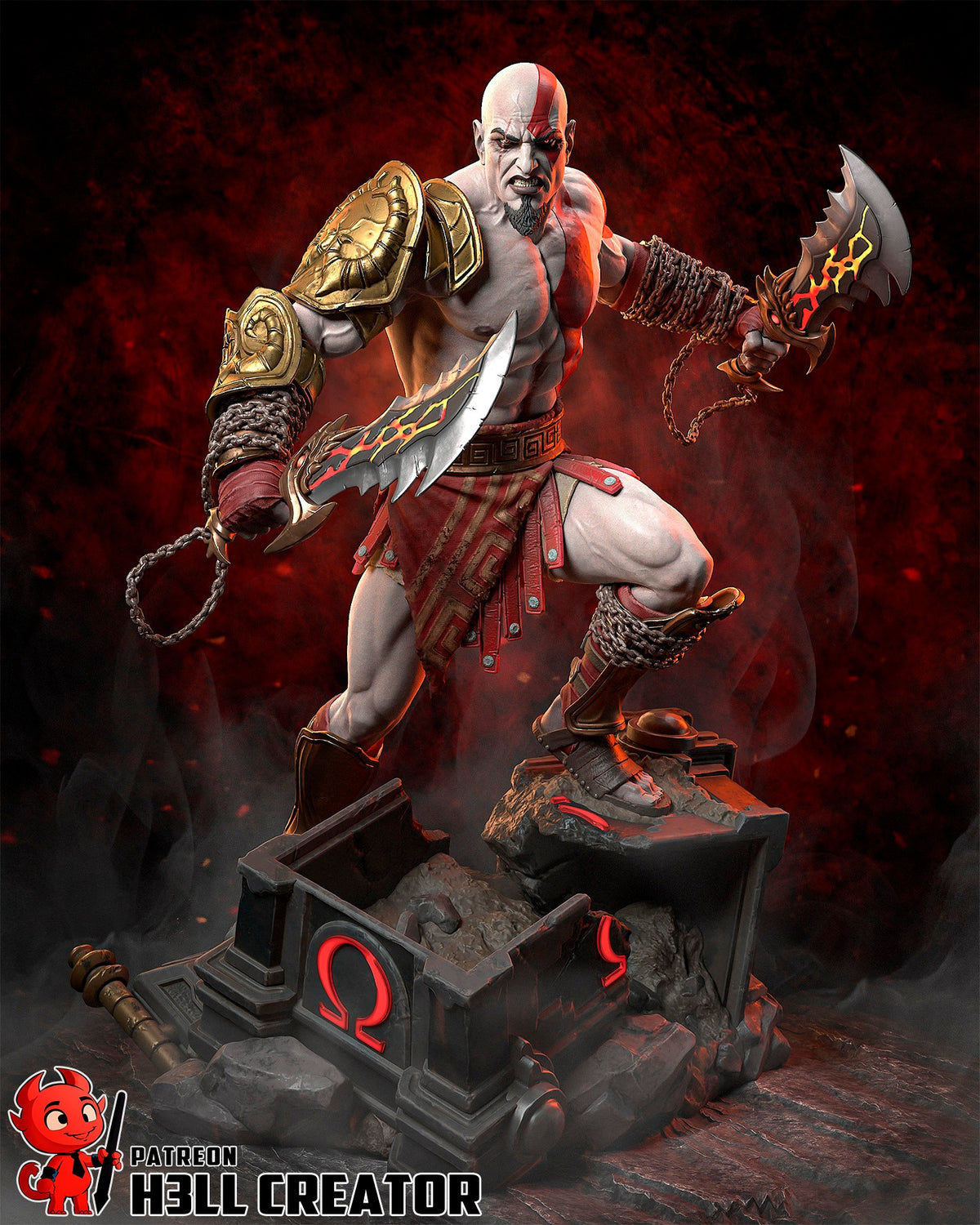 Painted resin figure of Kratos from God of War stands wide with chained blades on a sculpted base.