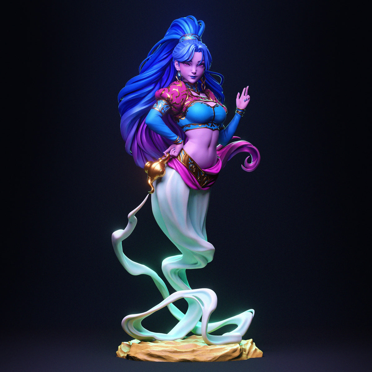 Djinn resin figure from Original Art, painted in vibrant blues and pinks, floating pose with flowing translucent tail, ornate gold accessories, mounted on golden base.