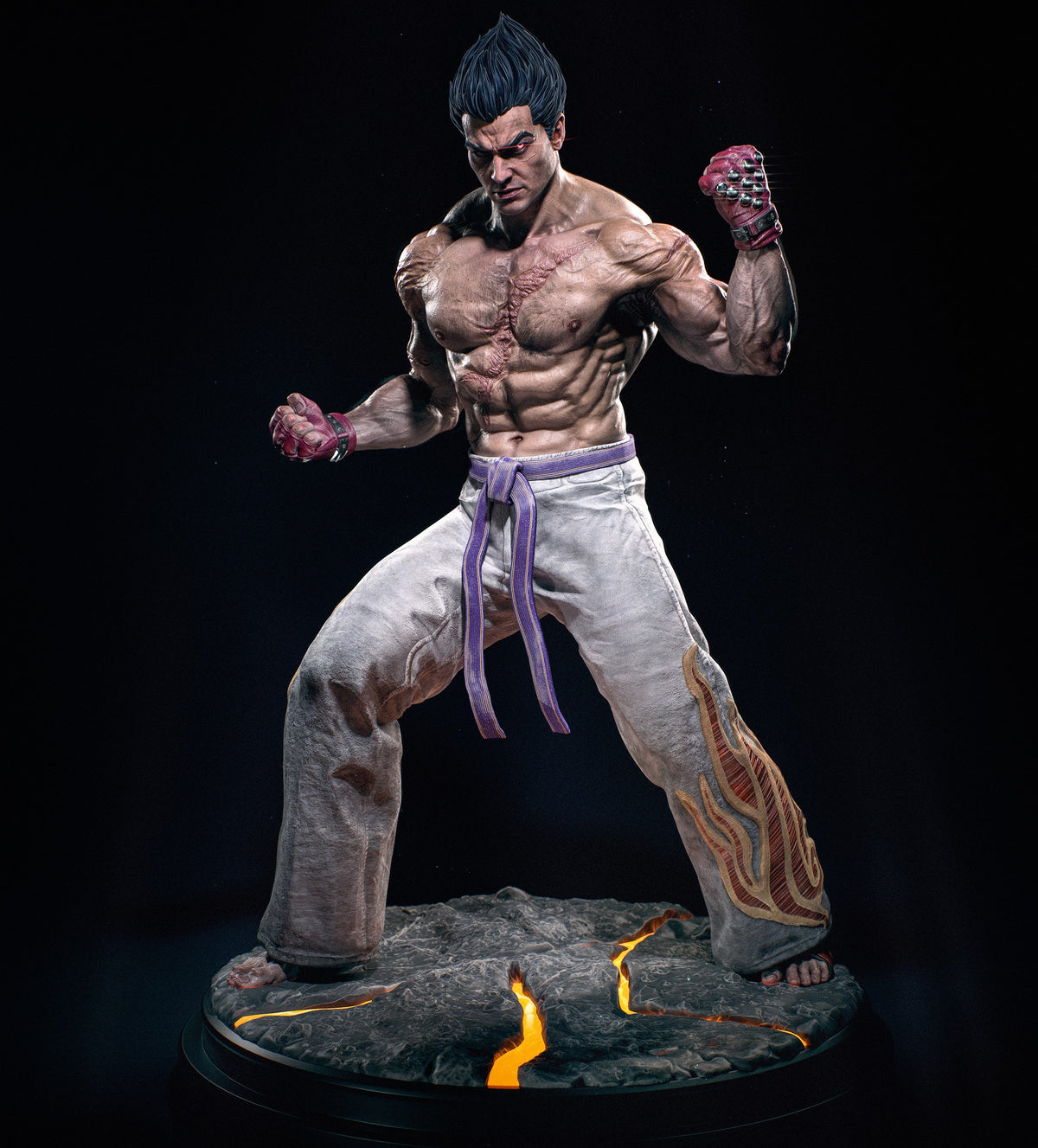 Kazuya resin figure in dynamic fighting stance with bare chest, purple hand wraps, and white pants on fiery volcano base, detailed paint work throughout.