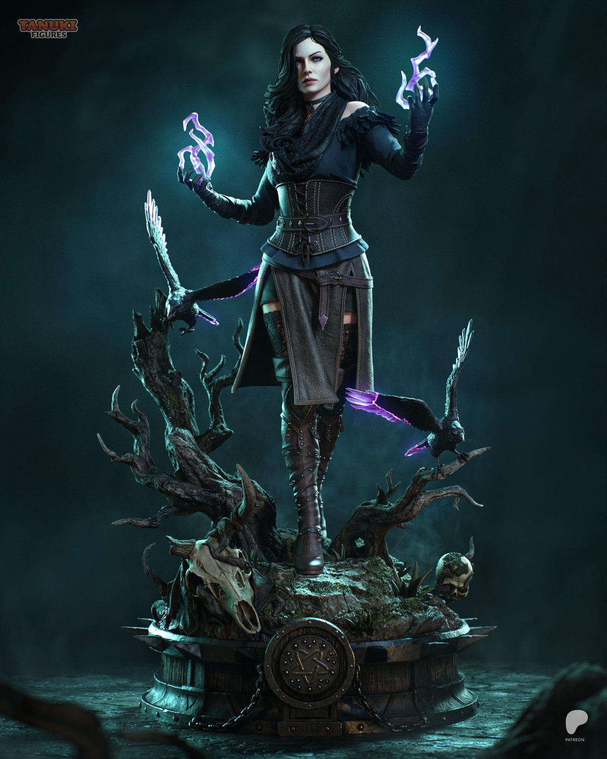 Yennefer from The Witcher resin figure in dynamic pose, holding magical staffs with purple energy effects, standing on ornate wooden base with clock detail.