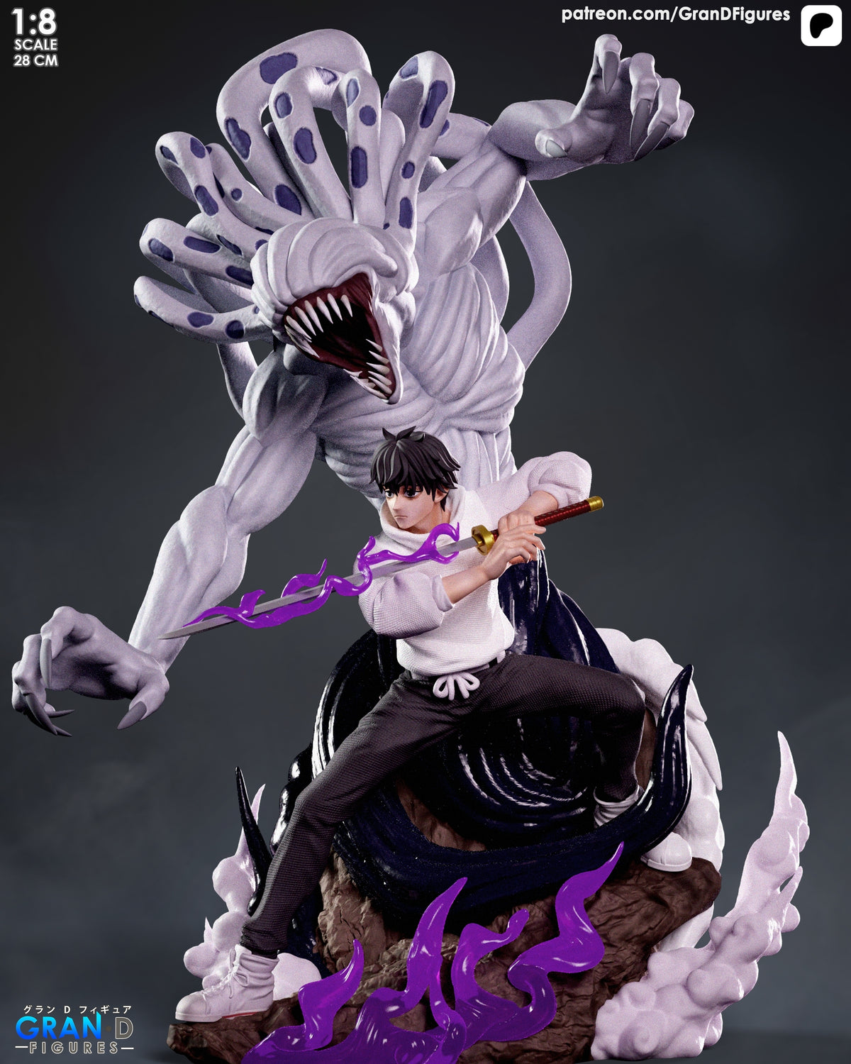 Yuta and Rika resin figure from Jujutsu Kaisen in 1:8 scale, featuring Yuta posed front-center with weapon and Rika's massive form towering behind, painted in purple and white tones on dynamic base.