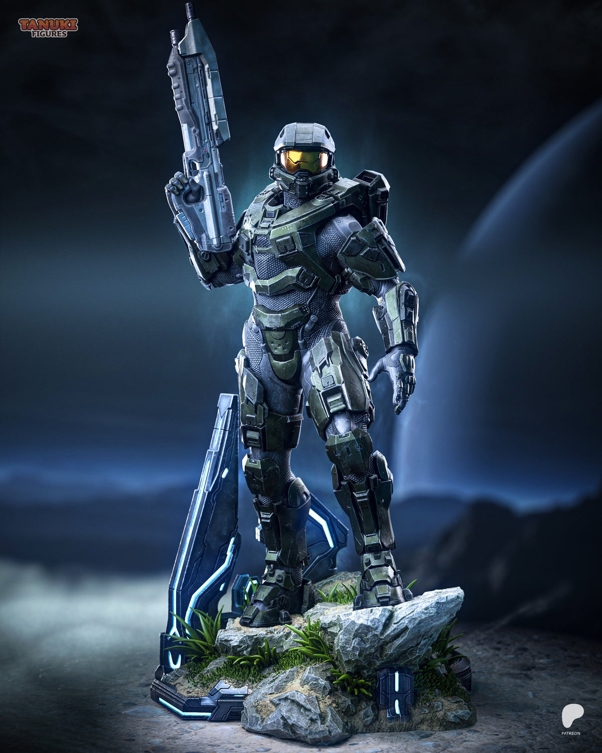 Master Chief stands posed on a rocky base holding an assault rifle, wearing green and silver armor with glowing visor, detailed resin figure from Halo.
