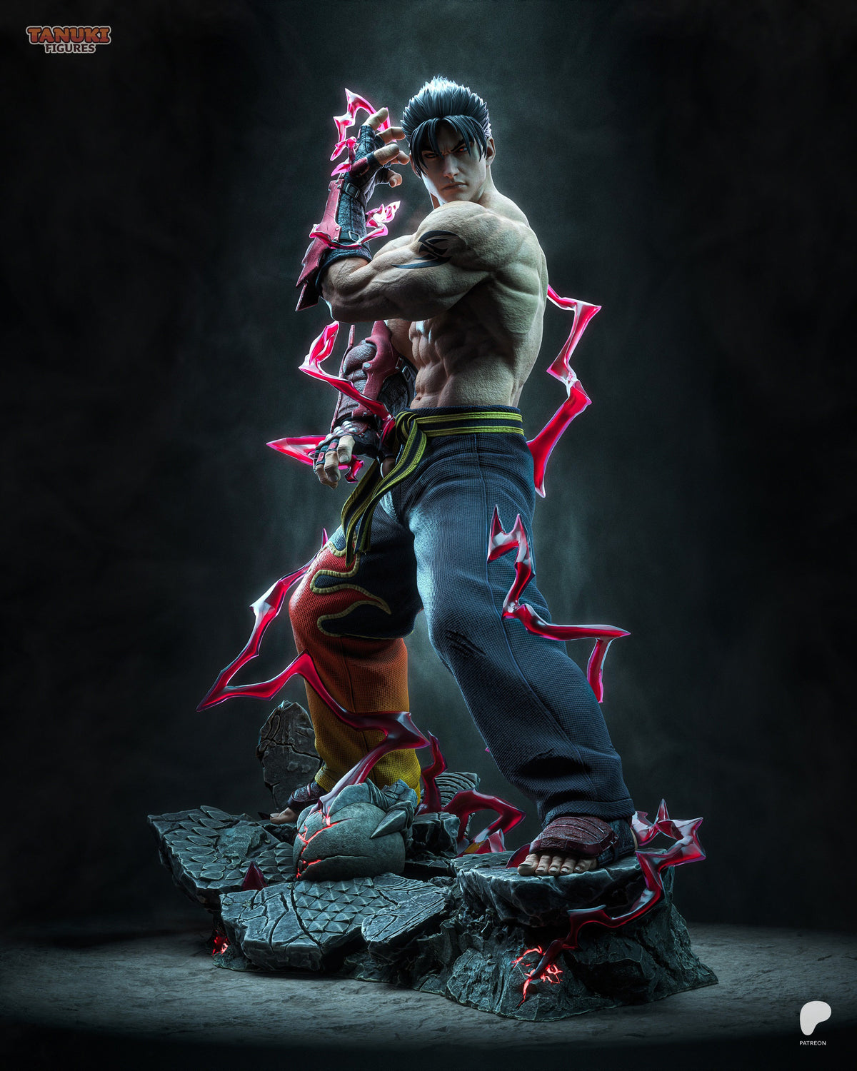Jin Kazama resin figure in dynamic pose holding neon pink devil claws, shirtless muscular torso, standing on rocky base with glowing effects.