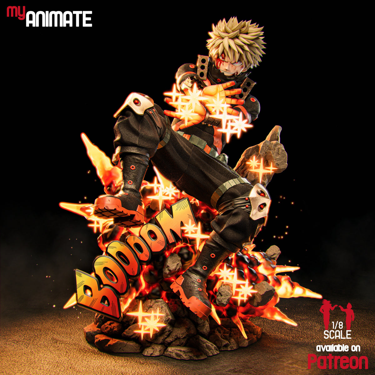 Bakugou Katsuki from My Hero Academia is a painted resin figure seated over a rocky base.