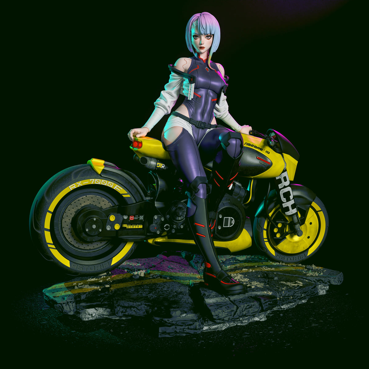 Lucy from Cyberpunk Edgerunners resin figure posed on futuristic motorcycle with yellow and black details, cyberpunk base, detailed painted character.