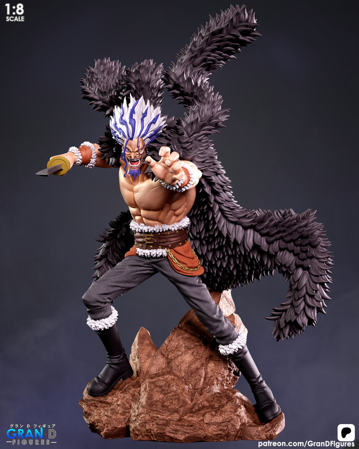 Rocks D. Xebec resin figure at 1:8 scale posed dynamically on rocky base, muscular torso with blue flame hair, black feathered wings, holding golden hook, detailed painting and accessories throughout.