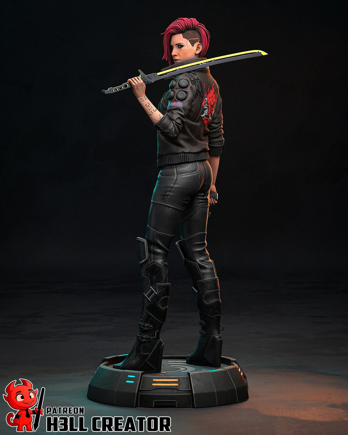 Female V from Cyberpunk 2077 is a painted resin figure shown from behind with a sword on a sculpted base.