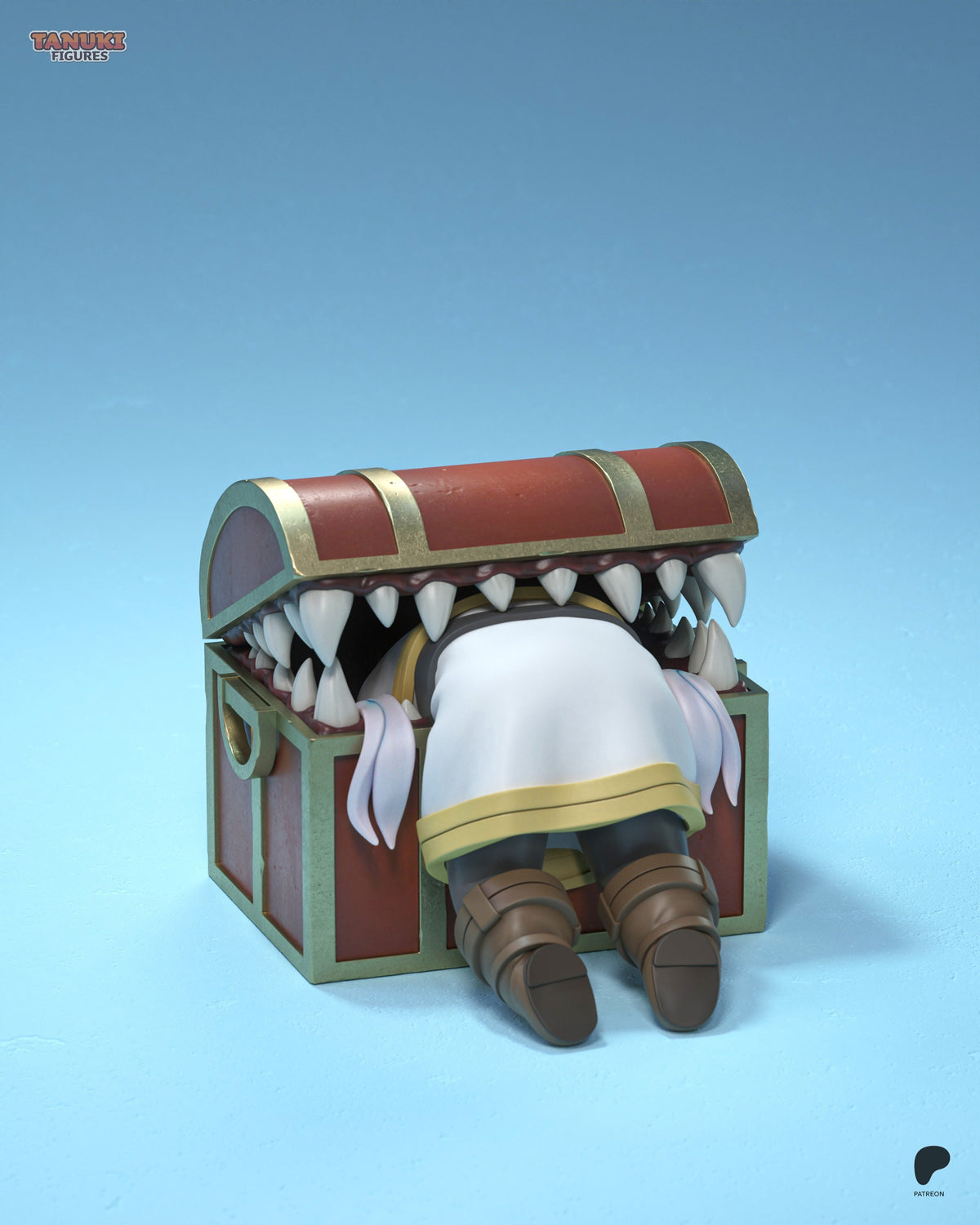 Mimic Chest x Frieren resin Chibi figure from Frieren: Beyond Journey's End is shown rear-first in a painted, toothy chest.
