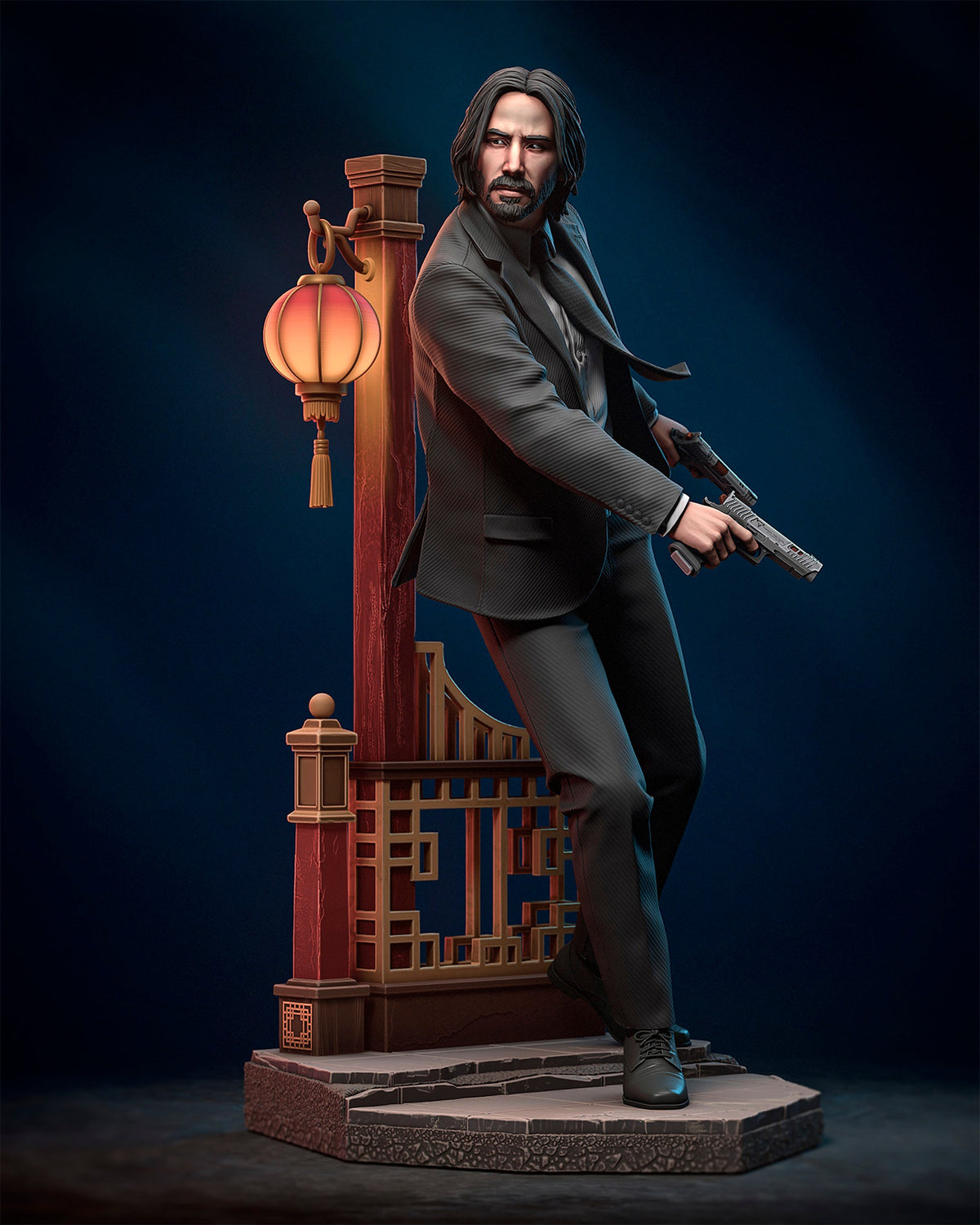 John Wick from John Wick stands in a three-quarter pose with a pistol on a sculpted lantern base; painted resin figure.