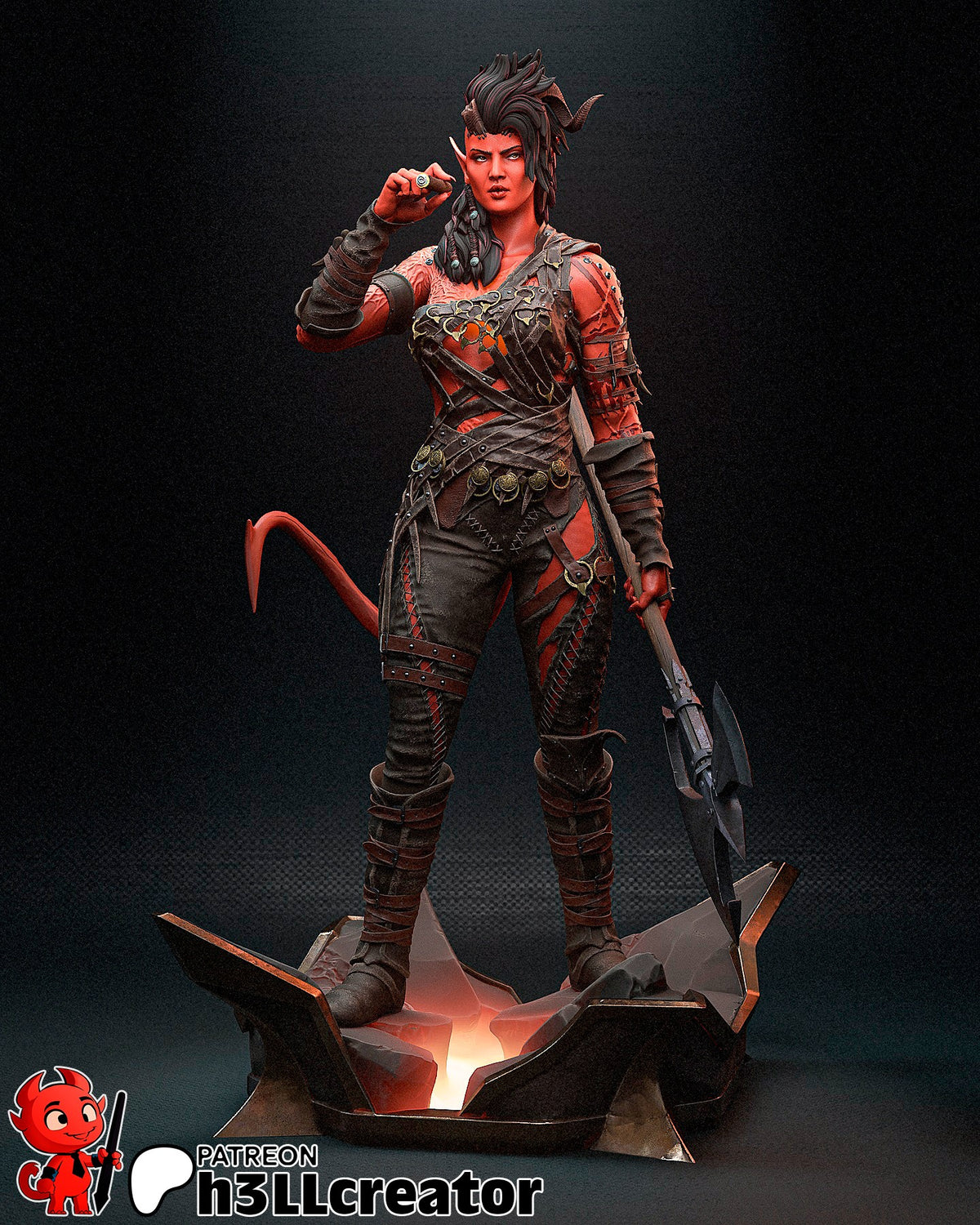 Painted Karlach from Baldur's Gate stands with a raised hand and axe on a sculpted resin figure base.