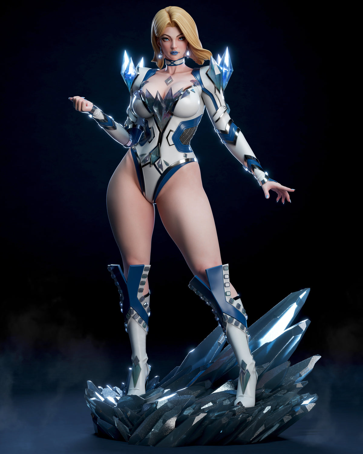 Painted resin figure of Arctic Telepath from Super Rivals poses on a sculpted ice base.