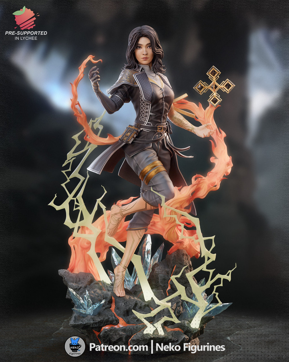 Painted Lune from Expedition 33 is a resin figure posed amid flames on a rocky base.