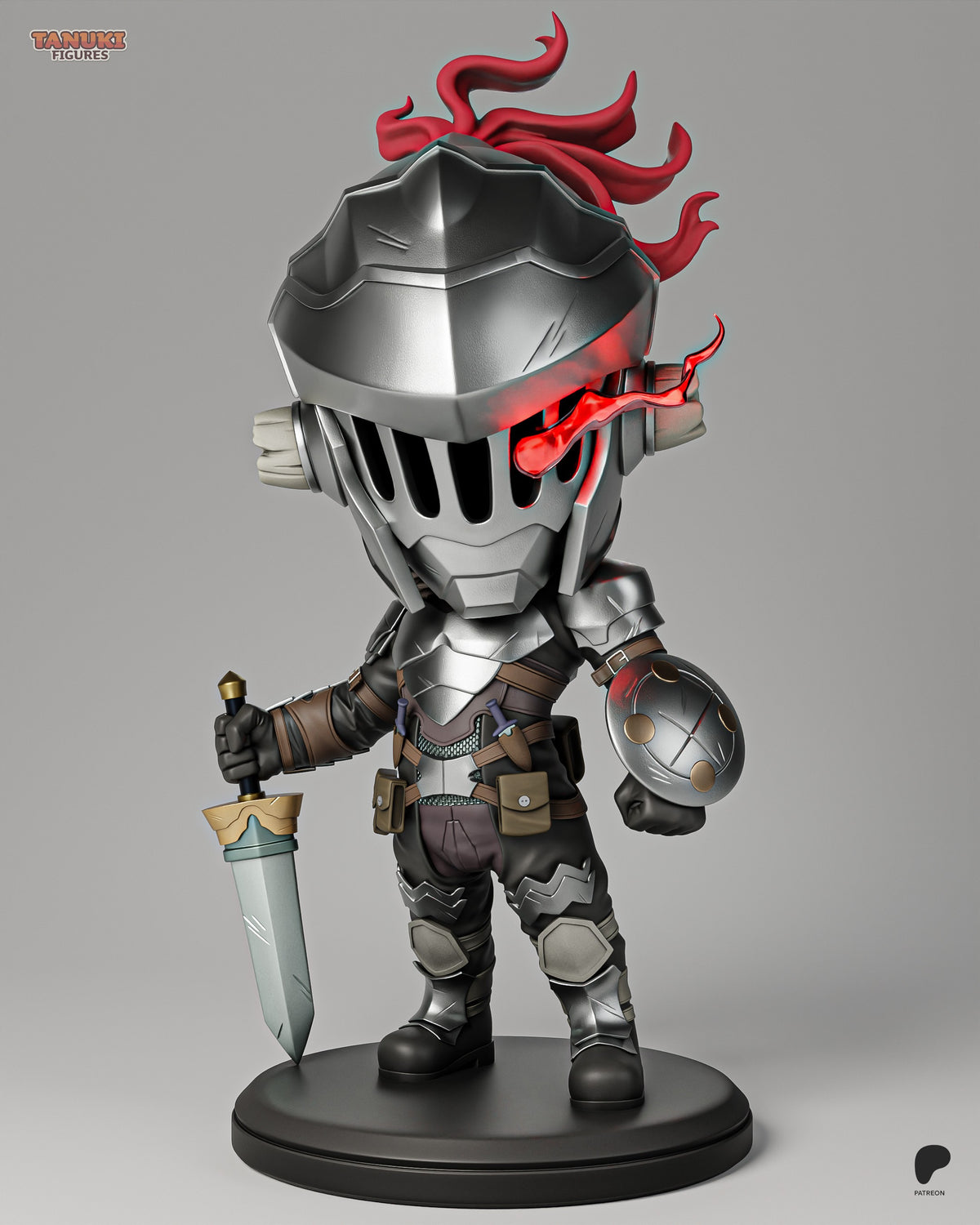 Goblin Slayer resin Chibi figure in dynamic pose holding sword and mace, metallic armor with red flame details, mounted on black base.