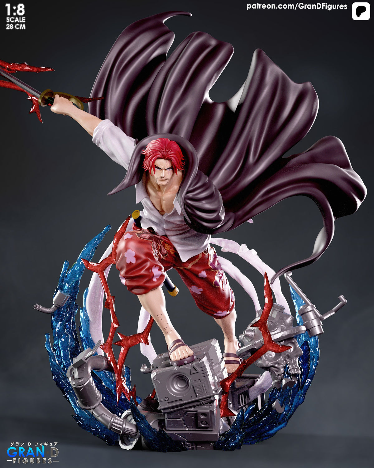 Shanks resin figure in dynamic pose with red hair, white shirt, and purple cloak, wielding sword above blue and red water effect base, 1:8 scale.