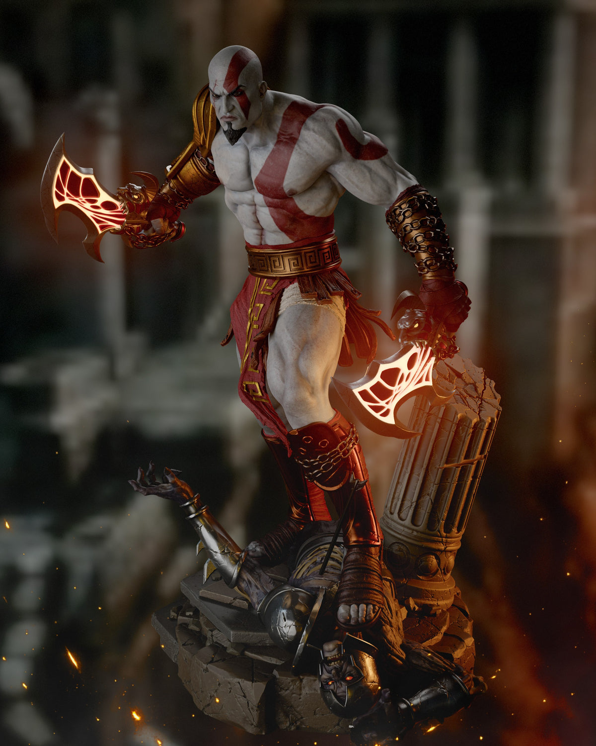 Kratos resin figure posed dynamically on rocky base, wielding glowing red axes, white and red body paint, ornate gold armor details, studio lighting.