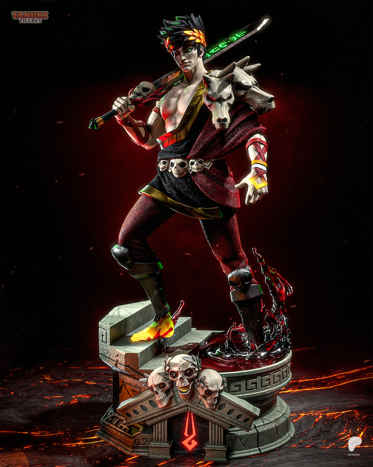 Zagreus resin figure in dynamic pose holding staff and weapon, detailed painted armor and sculpted base with skulls and lava effects, shot from front-left angle.