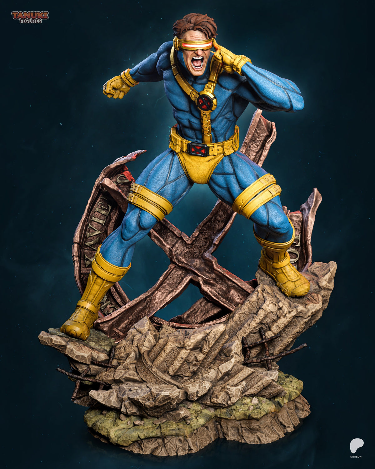 Visor Ranger resin figure in dynamic jumping pose on rocky base, blue and gold costume with headband, arms outstretched, detailed painted finish from Mutant Heroes series.