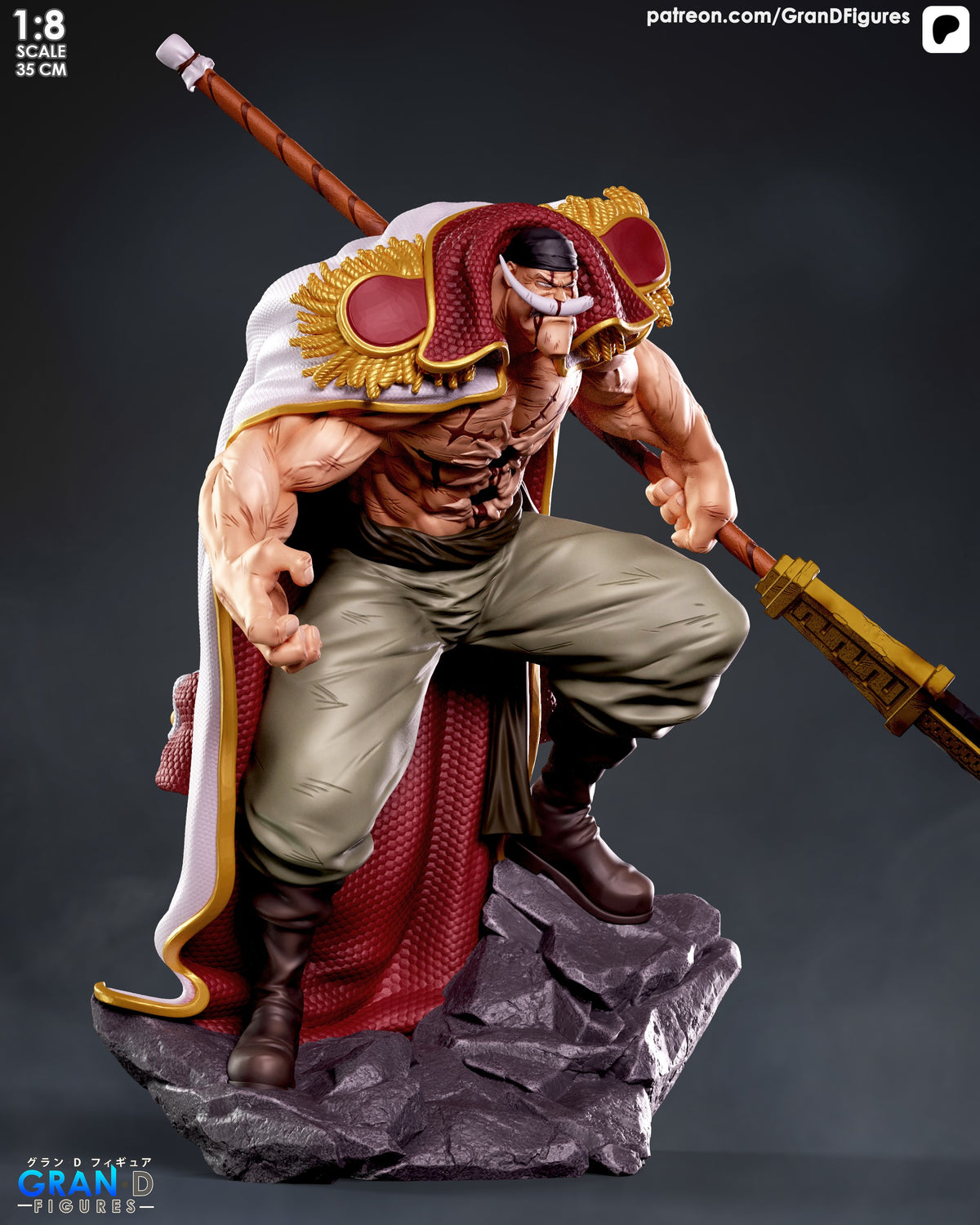 Whitebeard resin figure in dynamic pose wielding staff, detailed paint on musculature and ornate red-gold armor, rocky base, 1:8 scale.