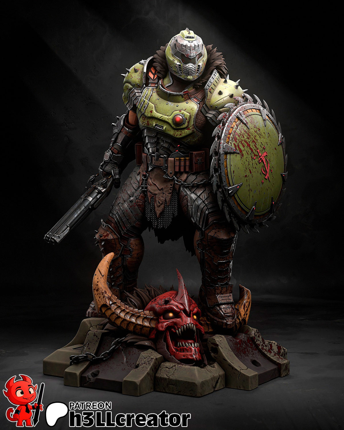 Crimson Vanguard from Inferno Assault is a painted resin figure shown front-facing with shield and demon base.