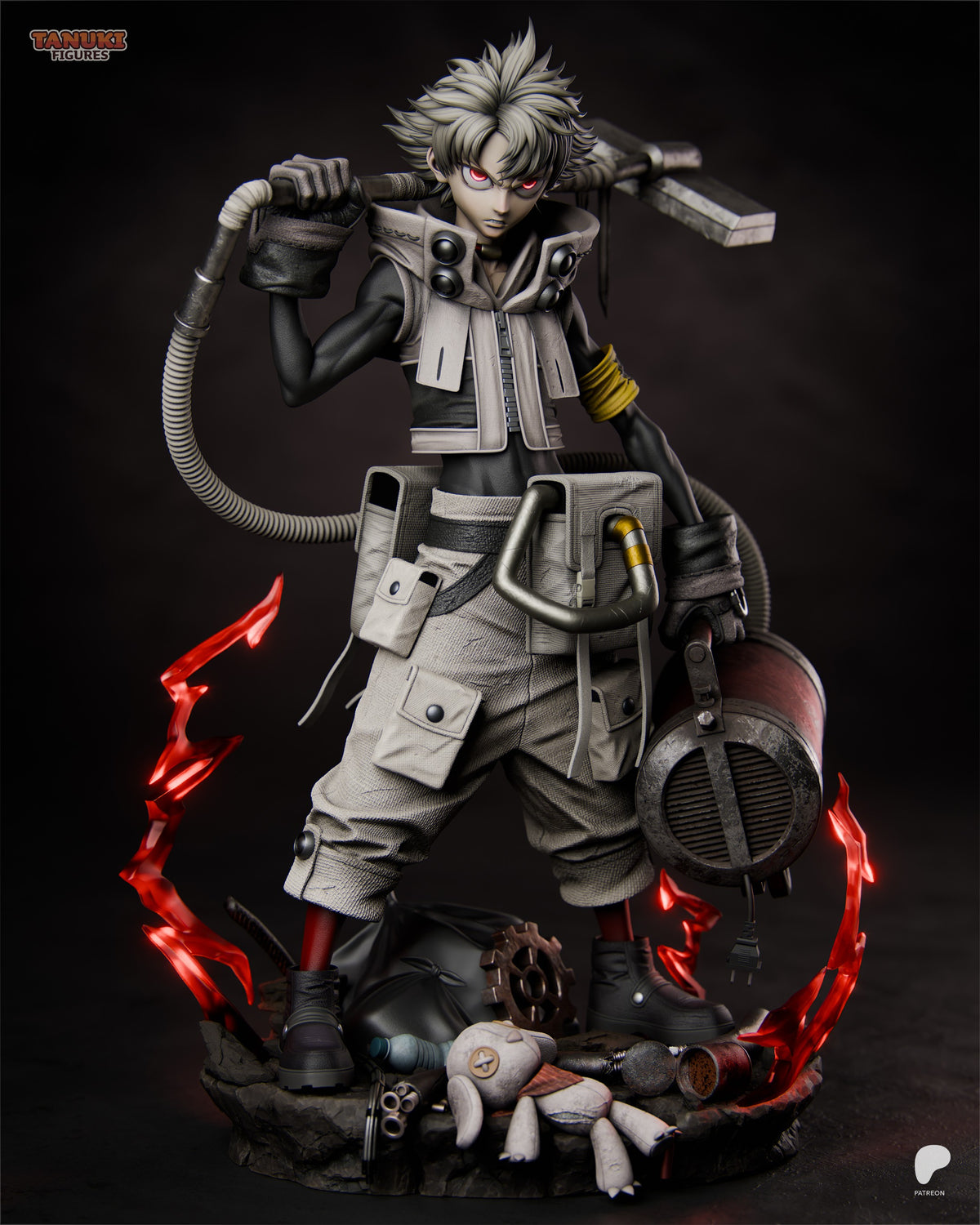 Rudo from Gachiakuta resin figure in dynamic pose holding weapons, detailed tactical outfit with accessories, red glowing base effects, dark studio background.
