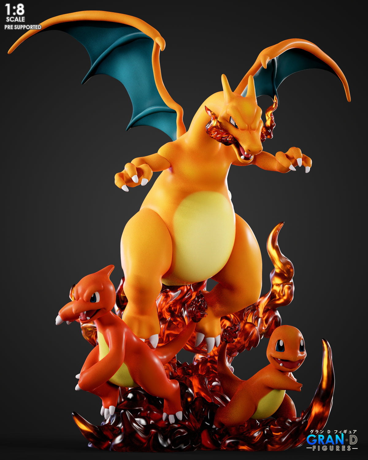 Front view shows a painted resin figure of Charmander Evolutions from Pokémon, with three poses on a sculpted flame base.
