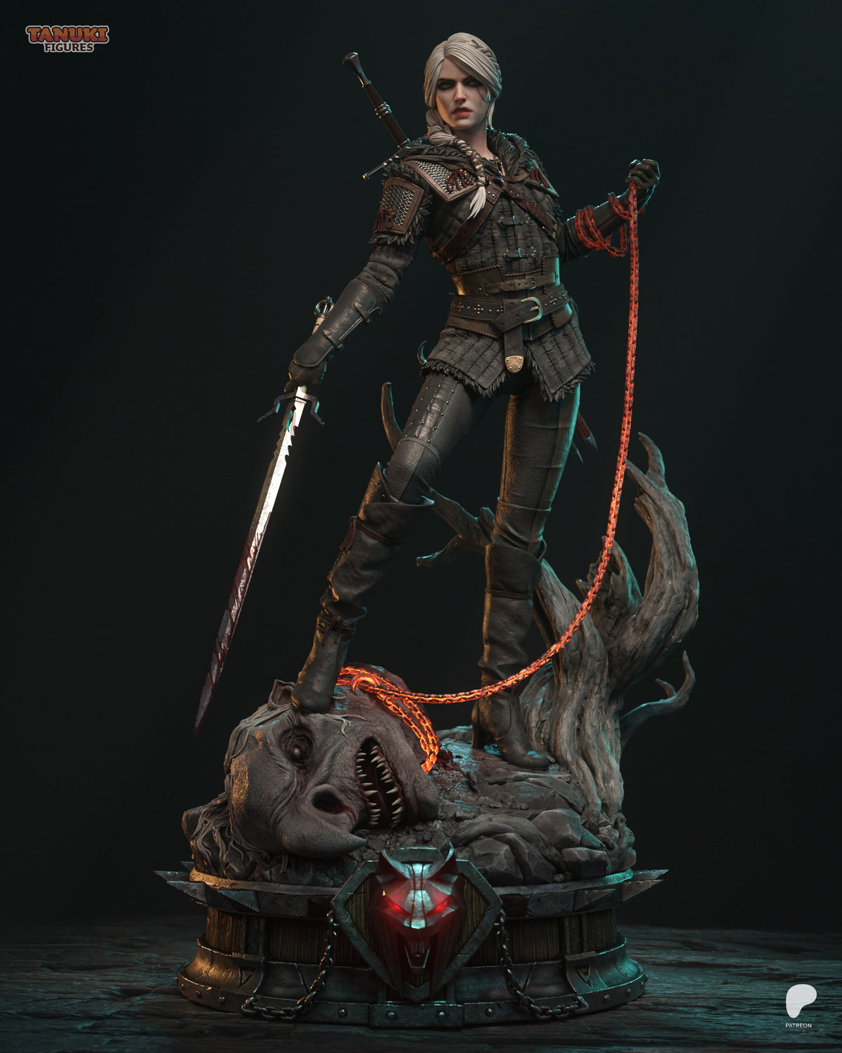 Ciri resin figure from The Witcher stands posed on detailed base with sword raised, wearing armor and holding glowing red chain leash.