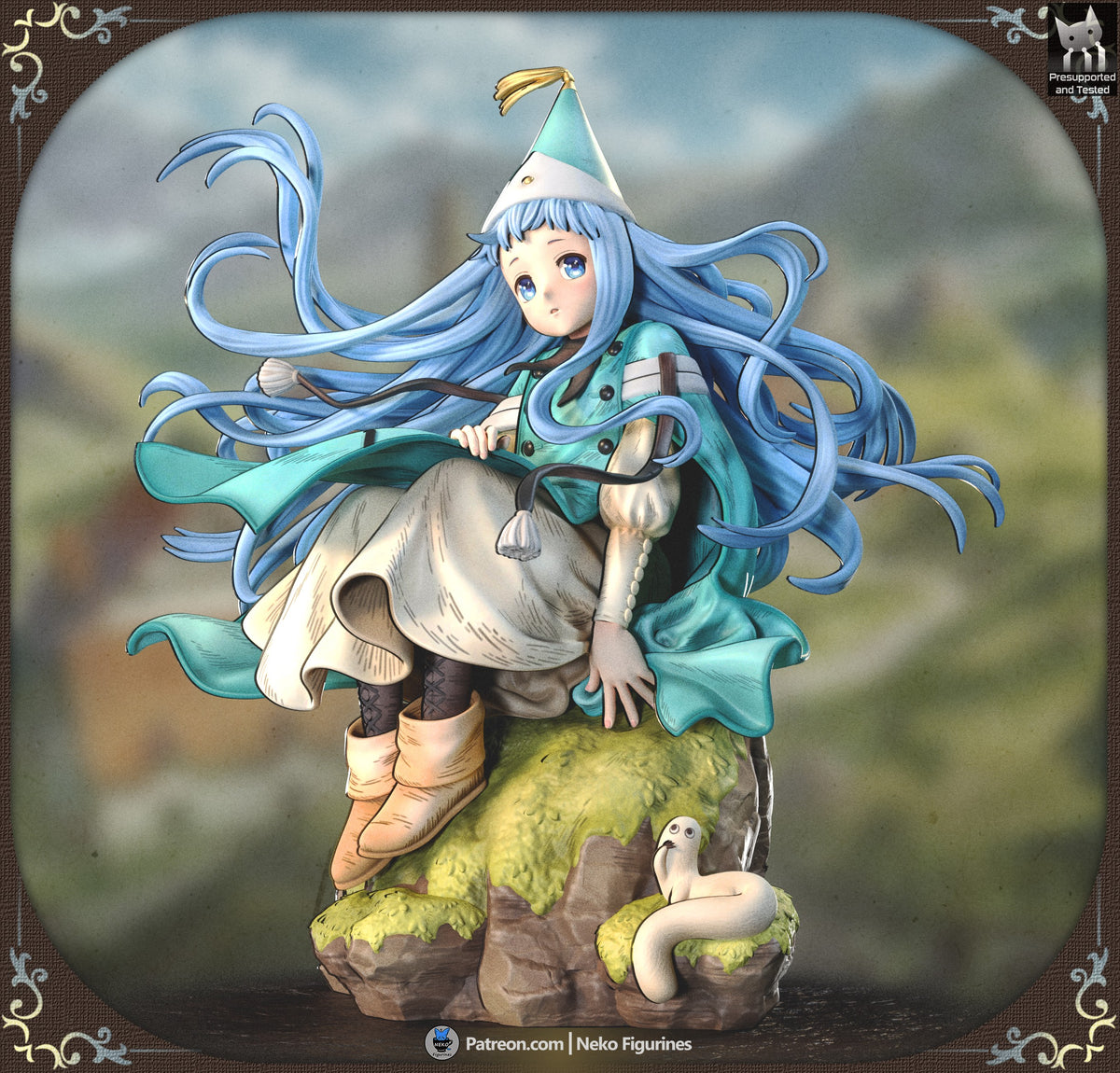 Painted Richeh resin figure from Witch Hat Atelier sits on a mossy sculpted rock base.