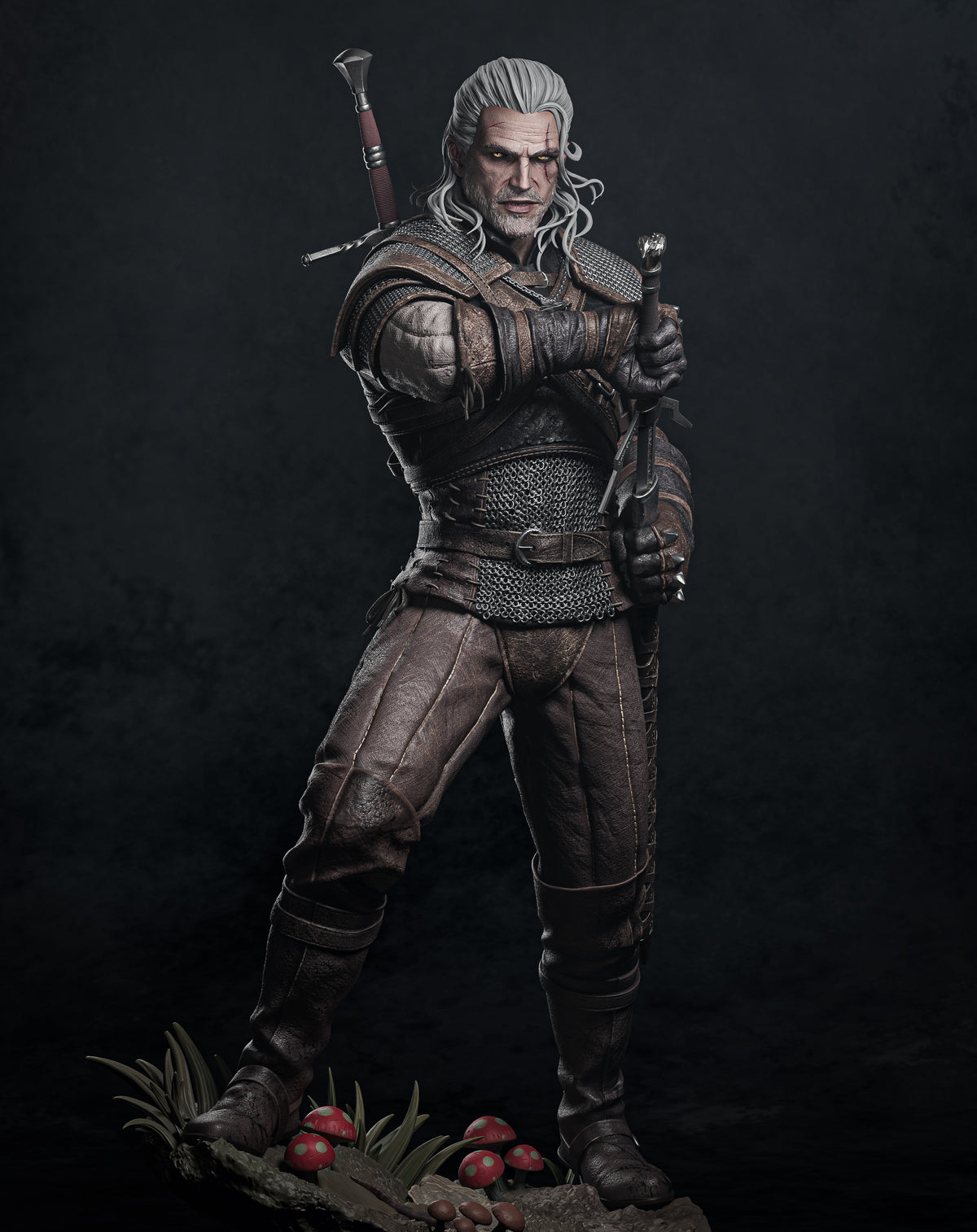Geralt of Rivia resin figure in dynamic standing pose, featuring detailed armor, white hair, dual swords, and painted base with mushrooms and flora.
