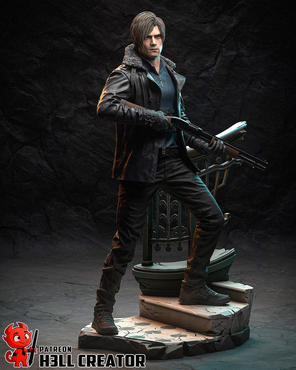 Painted resin figure of Leon Scott Kennedy from Resident Evil stands full-body, holding a shotgun on a sculpted stepped base.