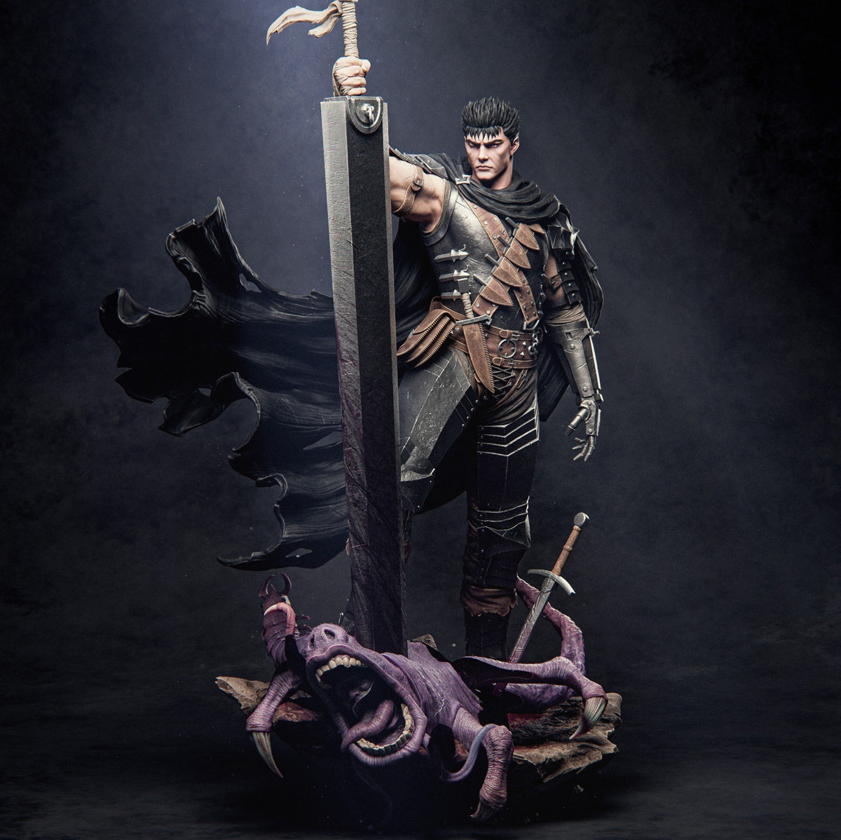 Guts resin figure from Berserk stands wielding his massive sword and shield, detailed armor painted in black and bronze, with purple demon creature base on dark backdrop.