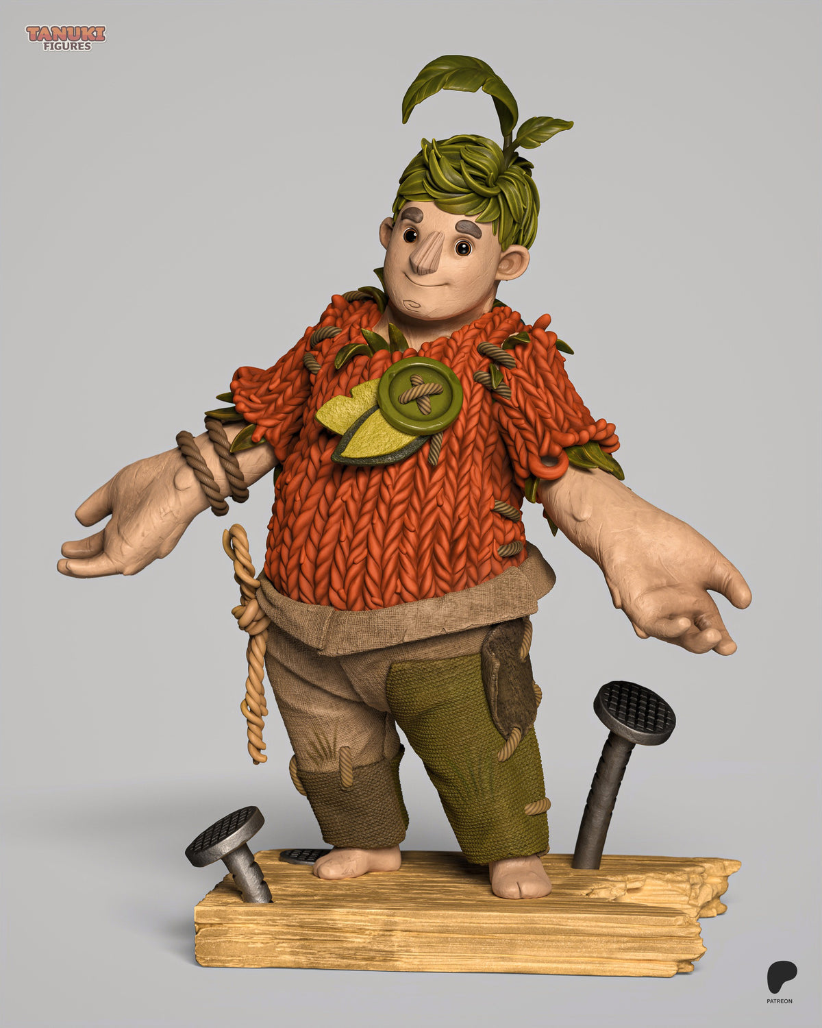 Cody resin figure from Two Are Needed stands barefoot on wooden base, wearing red patterned shirt and green pants, holding rope, with distinctive upswept green hair.