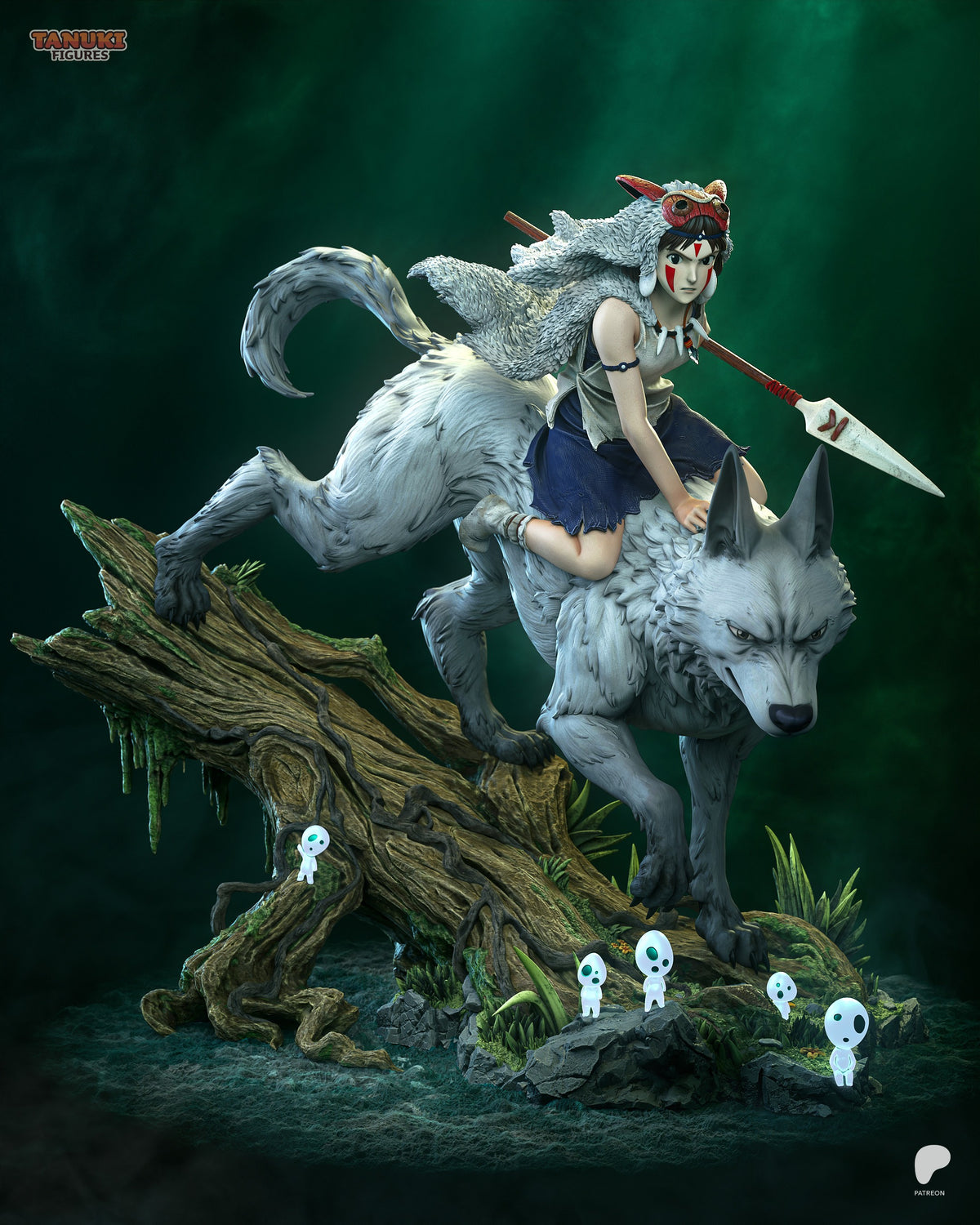 Wolfkin resin figure from Spiritwood riding a white wolf with red mask, holding spear, perched on mossy log base with small spirit companions, beautifully painted.