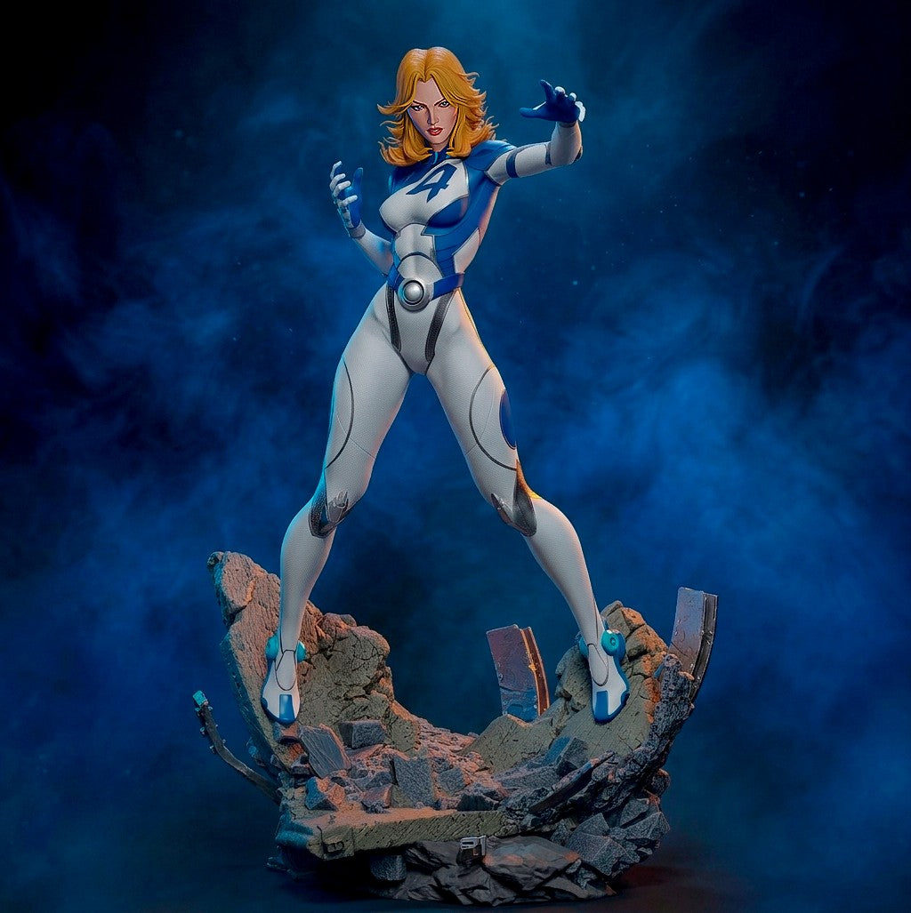 Veil Vanguard from Quantum Quartet resin figure in dynamic pose on rocky base, painted white and blue bodysuit with orange hair against blue backdrop.