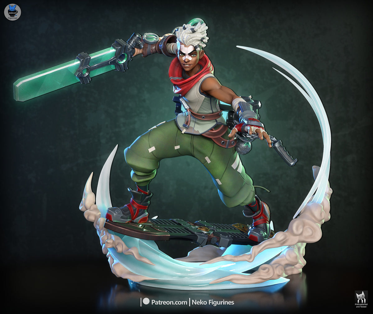 Painted Ekko from League of Legends resin figure lunges with weapons on a sculpted energy base.