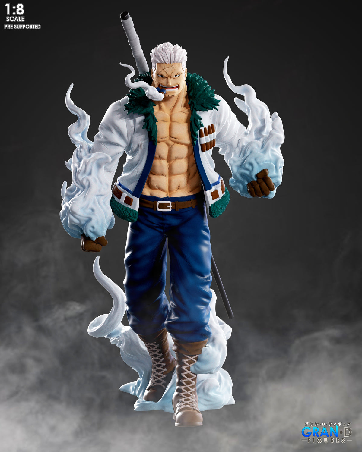 Smoker from One Piece stands front-facing with raised fists, smoke effects, and a sculpted base resin figure.