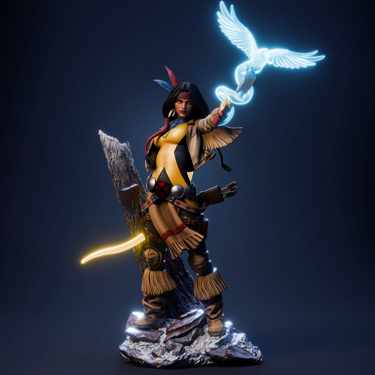 Spirit Arrow resin figure posed dynamically on rocky base, wielding glowing sword and summoning ethereal bird, painted in yellow and black with detailed feathering and armor details.