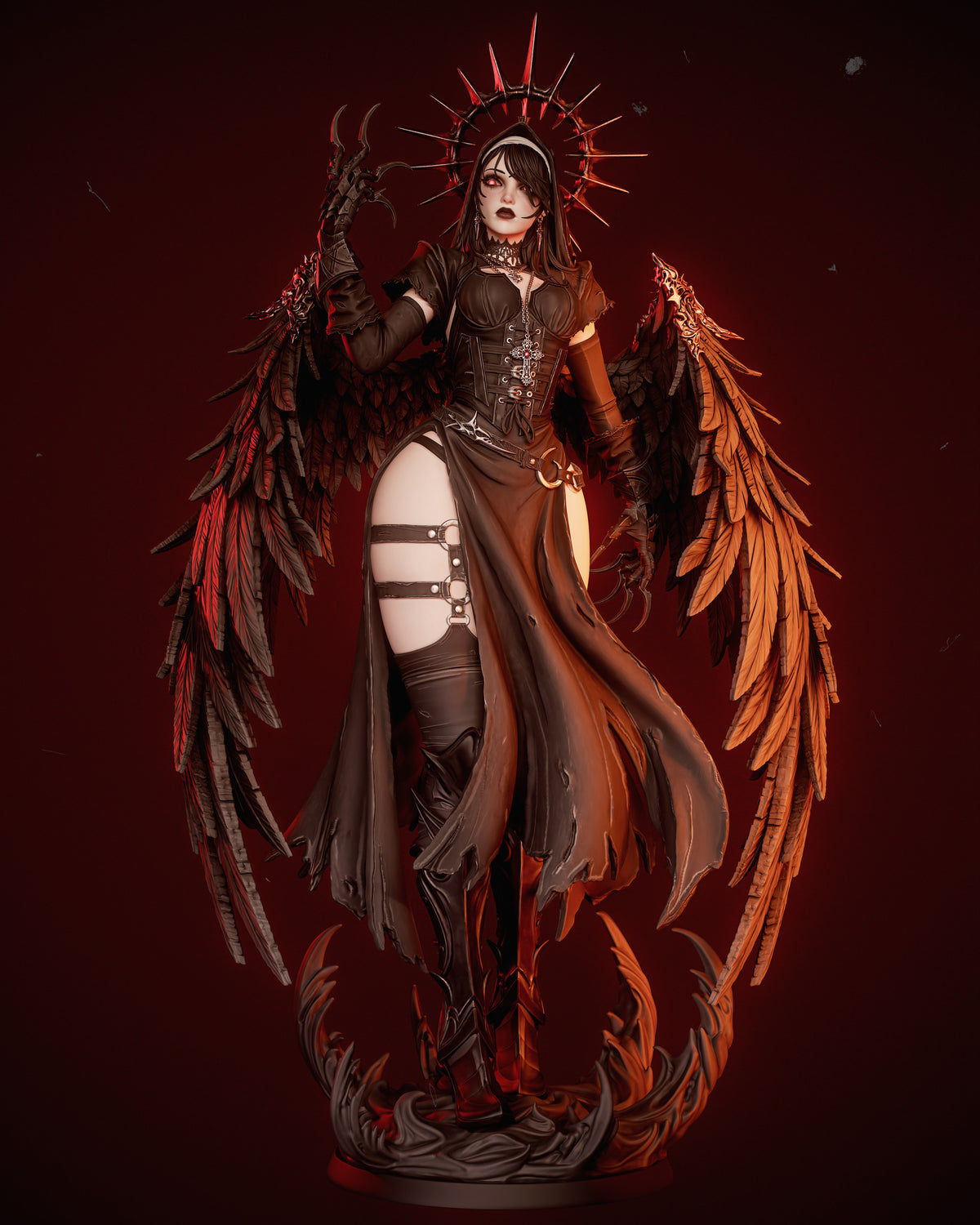 Corrupted Nun resin figure posed frontally with outstretched demon wings, ornate halo, and detailed gothic outfit on sculptural base.