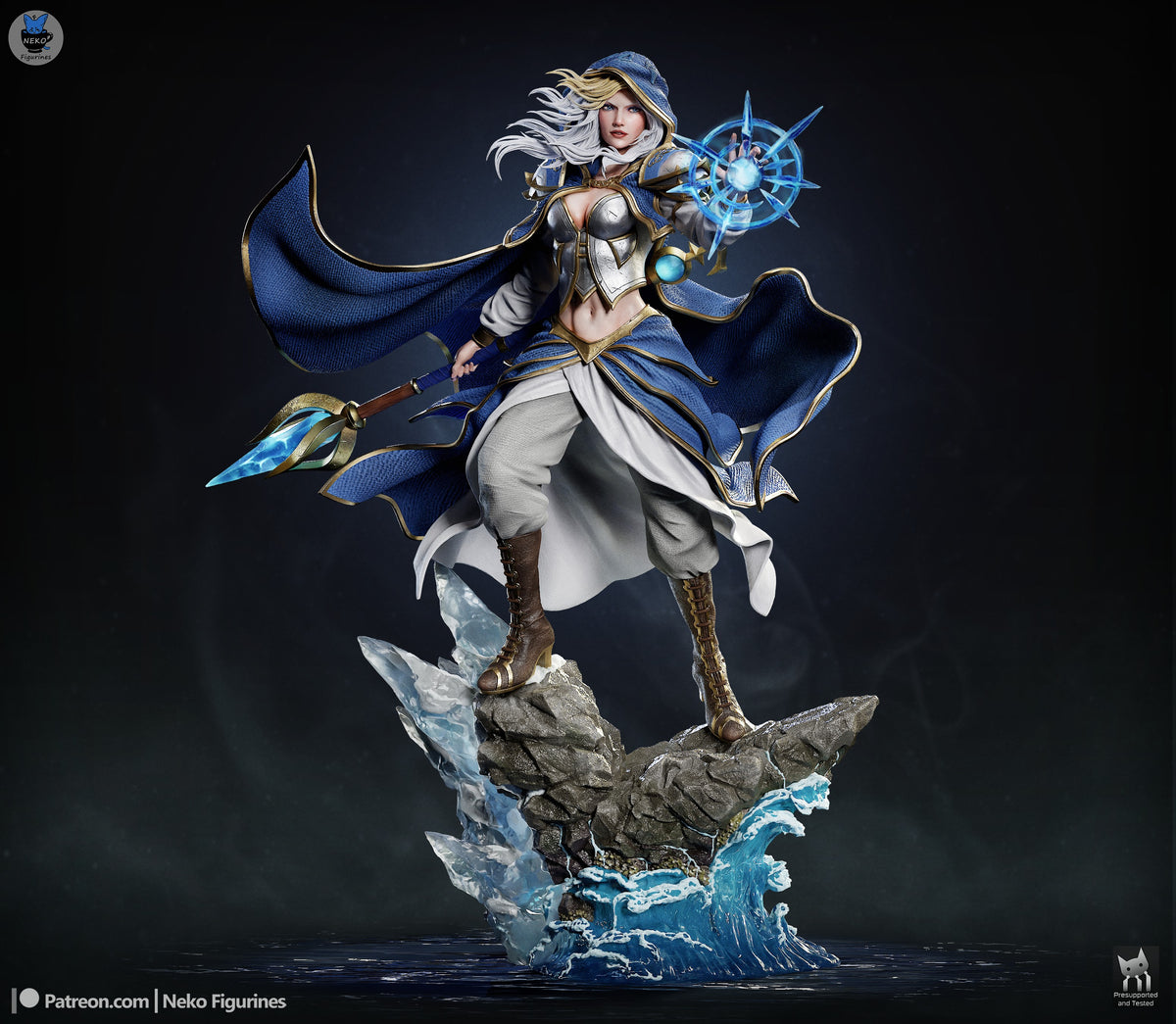 Painted Jaina Proudmoore resin figure from World of Warcraft stands with staff and magic on an icy rock base.