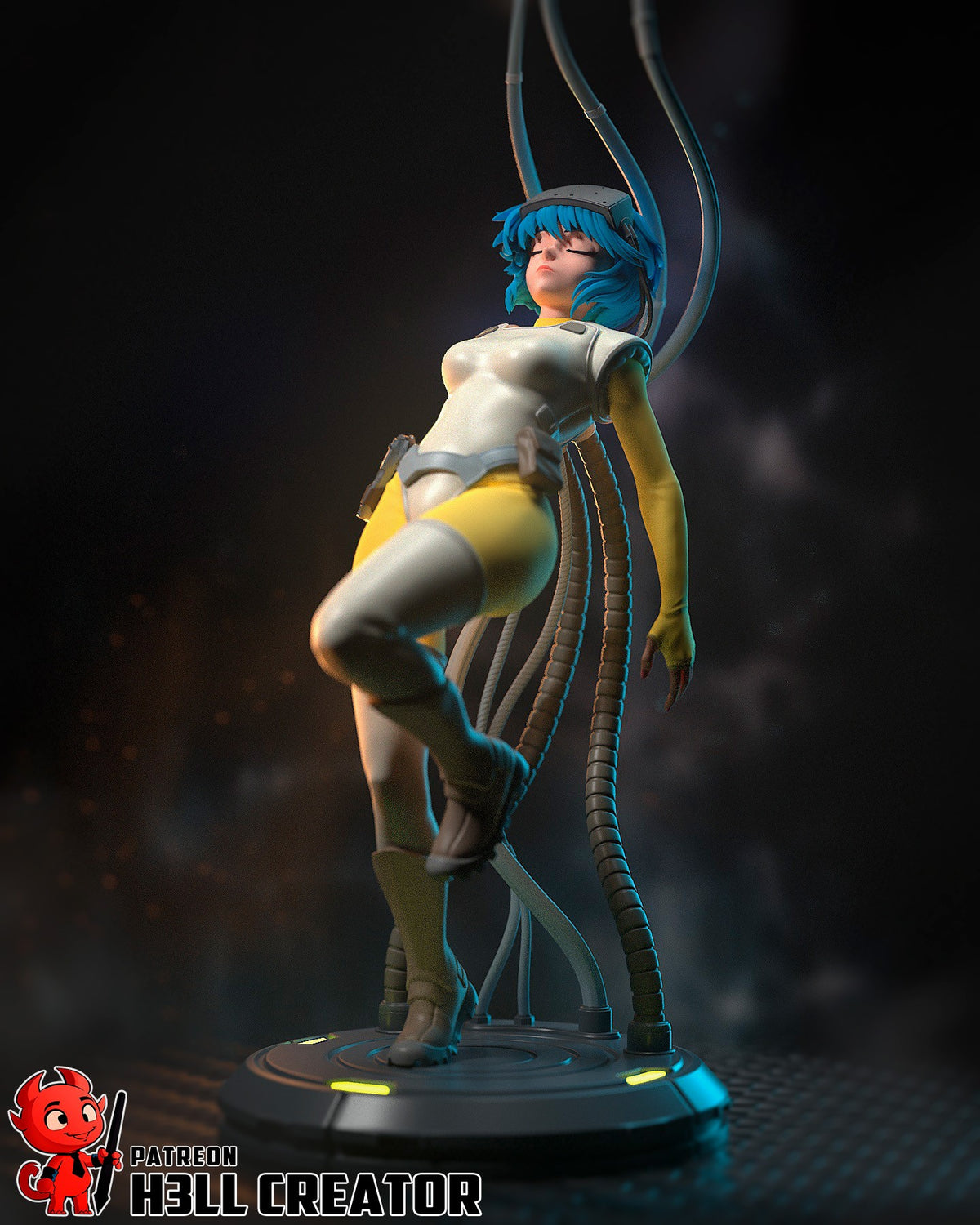 Low-angle painted resin figure of Motoko Kusanagi from Ghost in the Shell poses on a sci-fi base.