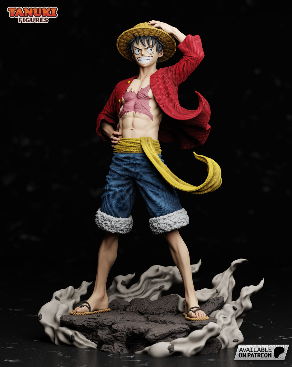 Painted Luffy from One Piece resin figure stands front-facing on a rocky, smoky sculpted base.