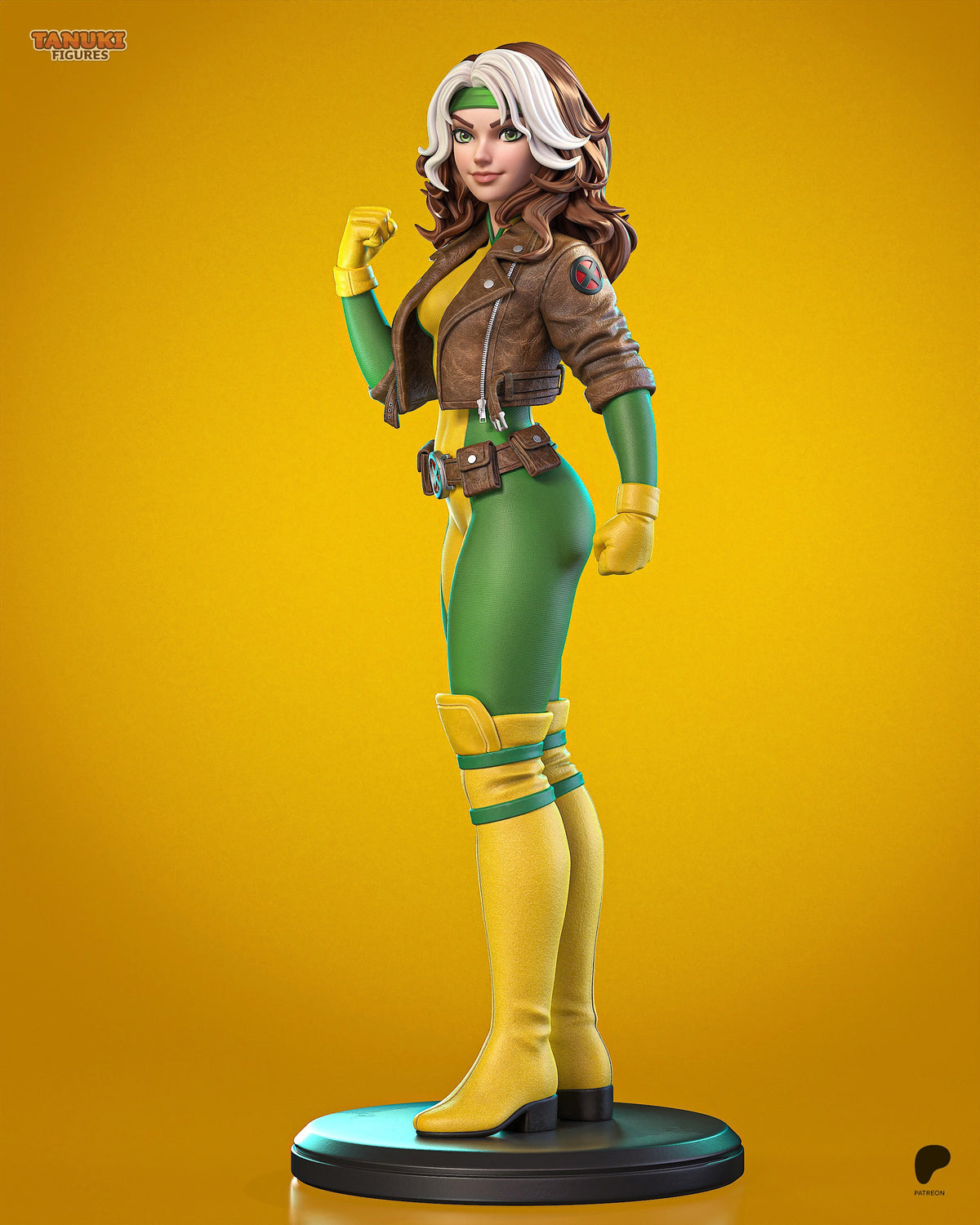 Rogue-inspired resin figure in green and yellow costume with brown jacket, posed on cyan and black base, side angle showing detailed paint work.