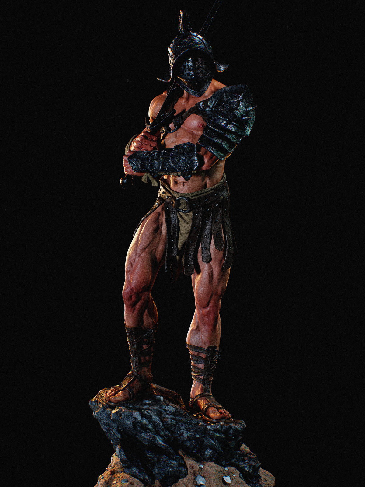 Muscular gladiator resin figure standing on rocky base, holding sword and shield, wearing ornate black armor and skirt, photographed against black background.