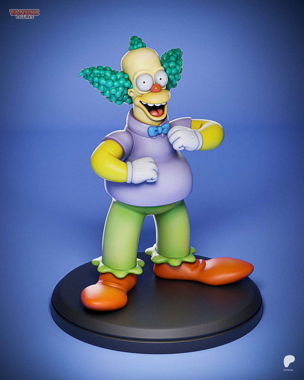 Colorful resin figure of Krusty the Clown standing on a black base, wearing purple shirt and green pants, with green hair puffs and orange shoes, against blue background.