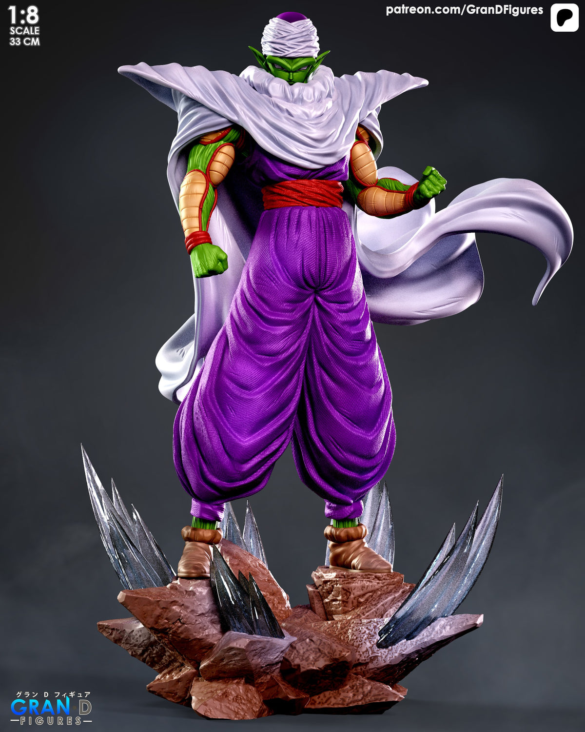 Green Warrior Monk resin figure in dynamic pose with white cape, purple gi, and spiked base, 1:8 scale painted collectible.