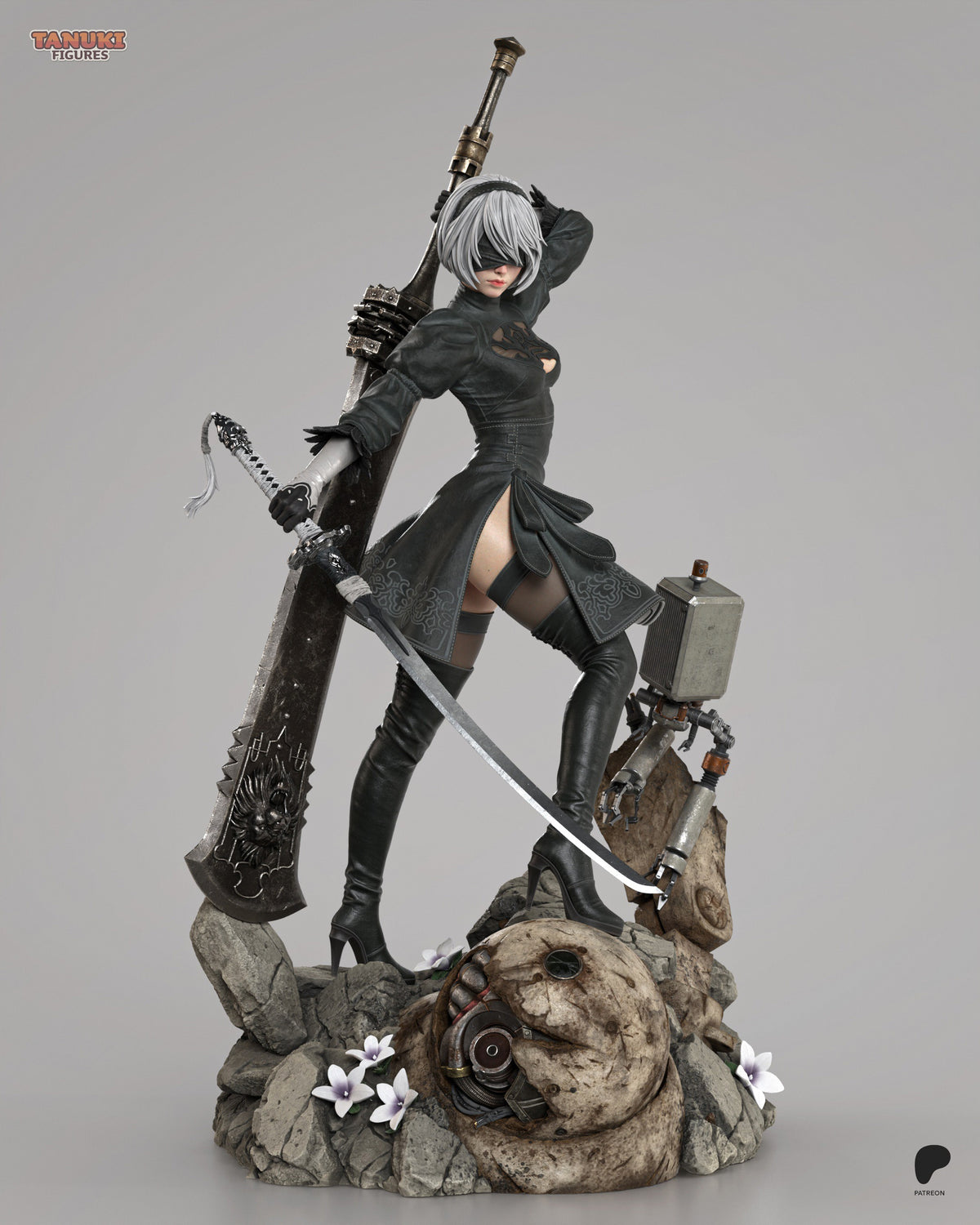 2B from NieR: Automata resin figure in dynamic pose with sword and weapon raised, white hair, black outfit, detailed rocky base with mechanical elements and flowers.